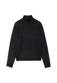 Crni pleteni pulover s visokim ovratnikom, s teksturiranom završnom obradom, s metalnim sjajem, rebrastim manžetama i lagano skraćenim rubom.