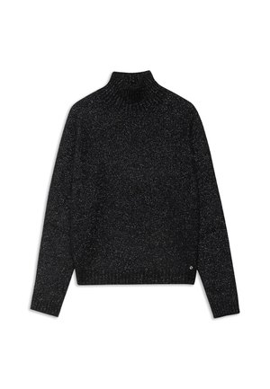 Čierny pletený rolák s textúrovaným povrchom, so metallickými náznakmi, rebrovanými manžetami a mierne skráteným lemom.