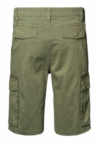 Olivengroene cargo-shorts met twee zijvakken, twee achterzakken en een gladde, duurzame stof. 