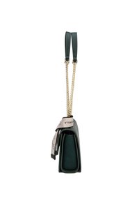 Borsa a tracolla verde in pelle con forma strutturata, tracolla in catena dorata e etichetta in tessuto. Presenta una superficie liscia e un'apertura con pattina.