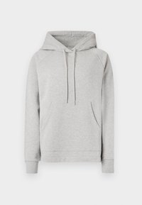 Lichtgrijze sweatshirt met een capuchon, voorzak en trekkoorden. Heeft raglanmouwen en ribgebreide manchetten. Zachte, gestructureerde stof.