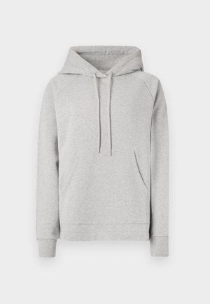 Lichtgrijze sweatshirt met een capuchon, voorzak en trekkoorden. Heeft raglanmouwen en ribgebreide manchetten. Zachte, gestructureerde stof.