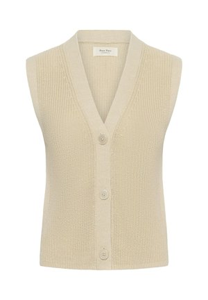 Bézs színű kötött ujjatlan kardigánmellény V-nyakkivágással és három első gombbal, a belső galléron "Part Two" címkével.