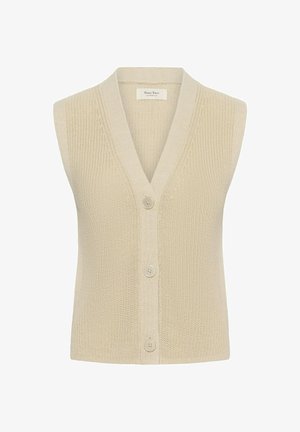 Beige strikket ærmeløs cardigan-vest med V-hals og tre knapper foran, mærket "Part Two" inde i kraven.