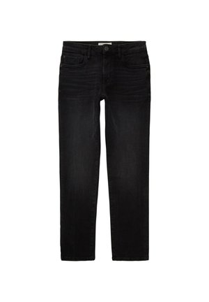 Jeans in denim nero con vestibilità dritta, dotati di cinque tasche, chiusura con bottone e dettagli di scoloritura leggeri.
