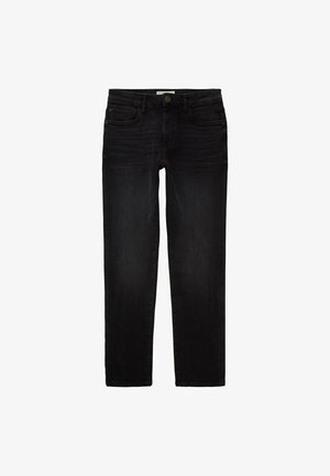 Schwarze Denim-Jeans mit geradem Schnitt, ausgestattet mit fünf Taschen, einem Knopfverschluss und dezenten Verwaschungen.
