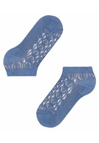 Niebieskie skarpetki do kostek z ażurowym wzorem, gładką fakturą i wzmocnionymi piętami. Posiadają bezszwowy czubek dla większego komfortu.