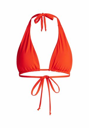 Leuchtend orangefarbenes Bikini-Oberteil in Dreiecksform mit Neckholder und Bindung vorne und hinten.
