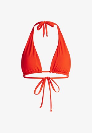 Haut de bikini triangle orange vif avec col halter et fermeture à nouer à l'avant et à l'arrière.