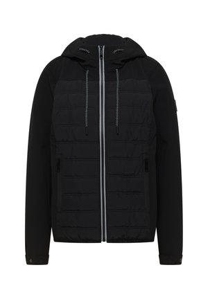 Chaqueta negra con capucha con paneles frontales acolchados, cierre completo con cremallera, capucha con cordón, bolsillos laterales con cremallera y puños ajustables en las muñecas.
