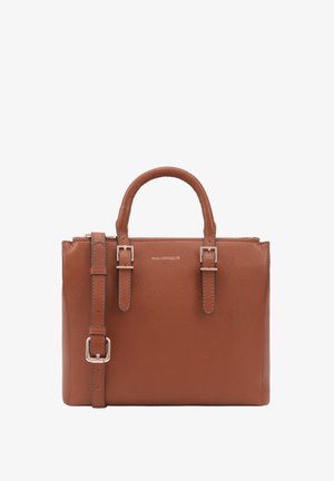 Brown leather handbag with dual handles and detachable shoulder strap. Features silver buckles and a textured surface. Logo displayed on front.