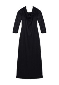 Robe noire à manches longues avec un col drapé. Le tissu semble léger et légèrement texturé. Design long avec une coupe décontractée.