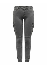 Pantalons cargo gris avec une coupe slim, featuring des patchs aux genoux, des poches latérales et des poignets élastiques, fabriqués en denim.