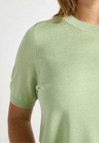 Maglione a maniche corte verde chiaro con scollatura tonda, realizzato in un tessuto morbido e elasticizzato. Presenta un colletto e polsini a coste.