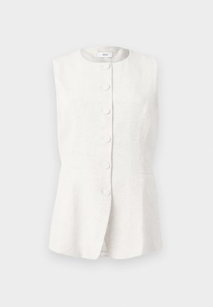 Sleeveless, light linen vest in off-white with a round neckline, five button front closure, and two side pockets. Tailored fit with a flared hem.