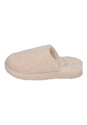 Beige pluizige pantoffel met een gesloten achterkant, zachte textuur en afgeronde vorm. Beschikt over een gevoerde zool en minimale buitenafwerking.