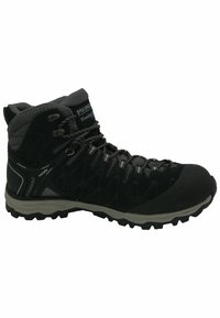 Schwarze Wanderschuhe mit einer robusten Gummisohle, Obermaterial aus Wildleder und Mesh, verstärkter Zehenkappe und grauen Akzenten. Merkmale sind Schnürungen und Logodetails.
