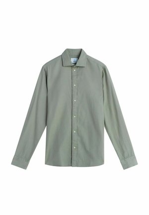 Vaaleanvihreä pitkähiha-paita, valmistettu pehmeästä kankaasta, jossa on tavallinen kaulus, napillinen etuosa ja napilliset kalvosimet.