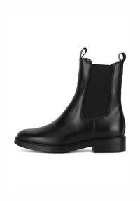 Must musta Chelsi saapad elastsete külgpaneelidega, tõmbenöörid, ümar varvas ja tasane kork. Sile tekstuur ja minimalistik disain.
