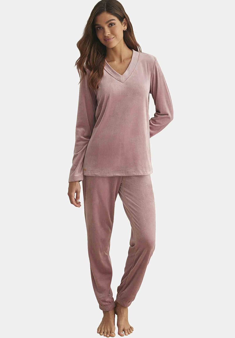 Fluwelen loungewear-set in zacht roze, met een V-hals lange mouw top en elastische taillebroek met cuffed enkels voor een comfortabele pasvorm.
