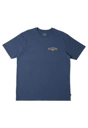 Navy blue cotton t-shirt with short sleeves, featuring a small, textured orange logo above the left chest area. Classic crew neck design.