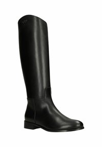 Stivali neri in pelle al ginocchio con un design elegante, suola piatta e logo discreto nella parte superiore. Finitura liscia e dettagli di cucitura minimi.