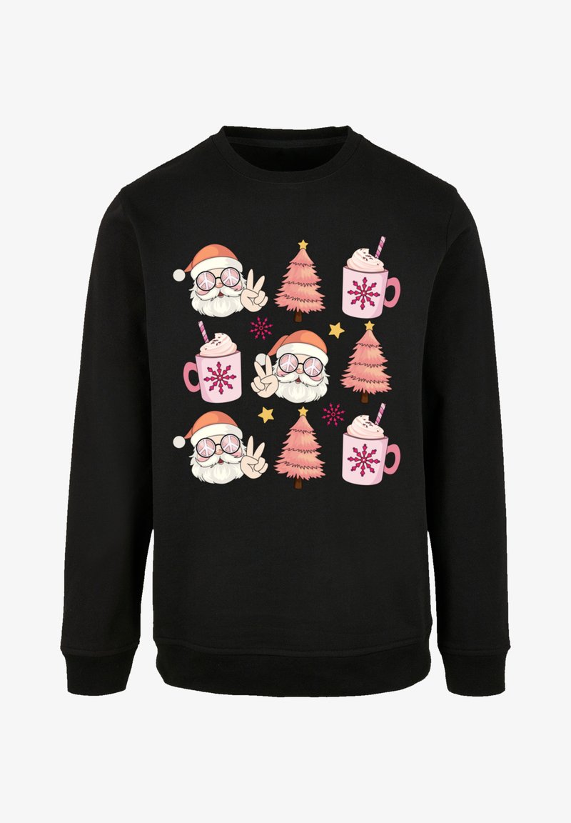 Schwarzer Pullover mit buntem Druck von zwei Weihnachtsmann-Gesichtern, rosa Bechern mit Schlagsahne, Weihnachtsbäumen und Sternen.