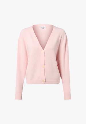 Pink wool blend cardigan with a deep V-neck, five button closure, and ribbed cuffs. Soft texture and relaxed fit.