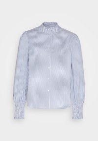 Chemise rayée bleue et blanche en coton, dotée d'un col montant, d'une fermeture à boutons et de poignets froncés. Texture lisse avec une coupe ajustée.