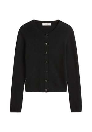 Schwarze Strickjacke aus leichtem Strickstoff, mit rundem Halsausschnitt, langen Ärmeln und einer Reihe von sechs passenden Knöpfen an der Vorderseite.