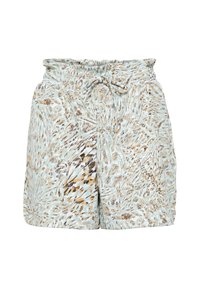 Pantaloni corti azzurri chiari con un motivo astratto floreale in beige, nero e arancione. Presentano una vita elastica con cordoncino.