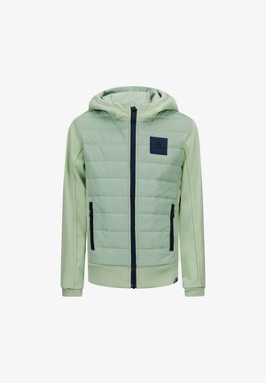 Lichtgroene hoodie met een gewatteerde voorkant, marineblauwe ritssluizen en een klein logopatch op de borst. Glad materiaal en geribde manchetten.