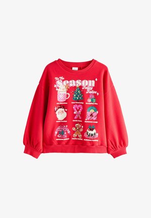 Rode feestelijke sweatshirt met vakantie-thema graphics, waaronder warme chocolademelk, kerstboom, cadeaus, kerstman, zuurstokken en kerstpudding.