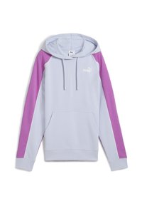 Felpa leggera blu con maniche viola, dettagli bianchi e tasca a marsupio. Presenta coulisse e logo sul petto. Tessuto di morbida texture.