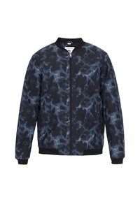 Giubbotto bomber in blu scuro con un motivo marmorizzato blu svolazzante, realizzato in tessuto morbido, con chiusura a zip e polsini e orlo a costine.