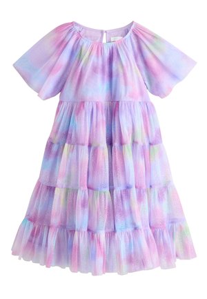 Pastellfarbenes gestuftes Kleid mit gepufften kurzen Ärmeln und rundem Ausschnitt, mit einer sanften Mischung aus Rosa-, Lila-, Blau- und Grüntönen mit Glitzer.