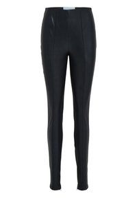 Leggings neri in ecopelle con vita alta, caratterizzati da cuciture verticali e caviglie con zip per un tocco di stile. Texture liscia, silhouette aderente.