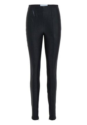 Sorte faux læder leggings med høj talje, der har vertikale sømme og lynlåse ved anklerne for ekstra detaljer. Glat tekstur, tætsiddende silhuet.