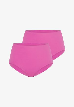 Zwei nahtlose hoch taillierte Damenunterhosen in leuchtendem Pink, auf weißem Hintergrund präsentiert.