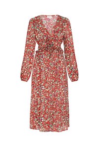 Rochie roșie cu flori, cu mâneci lungi, având un decolteu adânc în V, talie cu sfoară și un model zigzag în nuanțe de verde și crem.