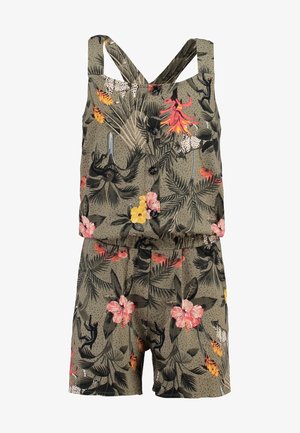 Kombinezon w oliwkowej zieleni z kwiatowym wzorem, zapinany na guziki z przodu, z regulowanymi skrzyżowanymi ramiączkami i elastycznym pasem.