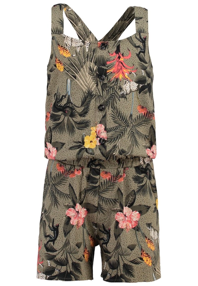 Overal s květinovým vzorem olivově zelené barvy, který má knoflíkový přední díl, nastavitelná překřížená ramínka a elastický pas.