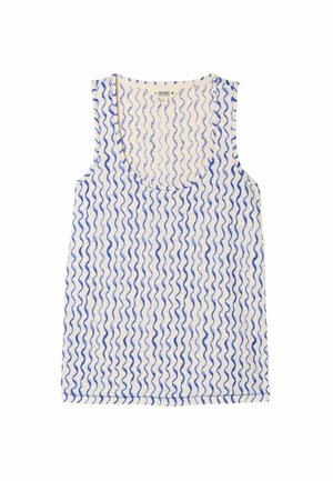 Bela rankovių marškinėlių liemenė su vertikaliu mėlynu banguotu dryžių raštu ir apvaliu kaklu, atidėta ant balto fono.