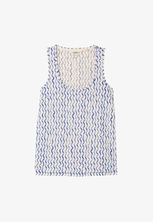 Valgetuvalge triiksärk siniste vertikaalsete laineliste triipude ja ümar kaelusega, lamedalt valgel taustal.