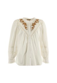 Blusa di cotone bianco con maniche lunghe, colletto arricciato e motivo floreale ricamato marrone sul davanti. Presenta chiusura con bottoni e dettagli testurizzati.