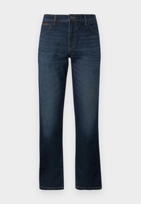 Jeans de mezclilla azul oscuro con corte recto, cinco bolsillos y cierre frontal de botón. Costuras de contraste y detalles mínimos.