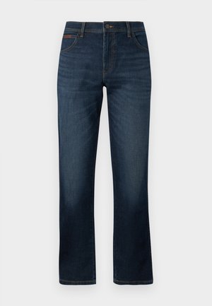 Mørkeblå denimjeans med rett ben, fem lommer og knappelukking foran. Kontraststing og minimal detaljering.