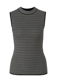 Schwarz ärmelloses Oberteil mit hohem Kragen, ausgestattet mit horizontalen weißen Streifen und einer gerippten Textur. Hergestellt aus einem dehnbaren Strickmaterial.