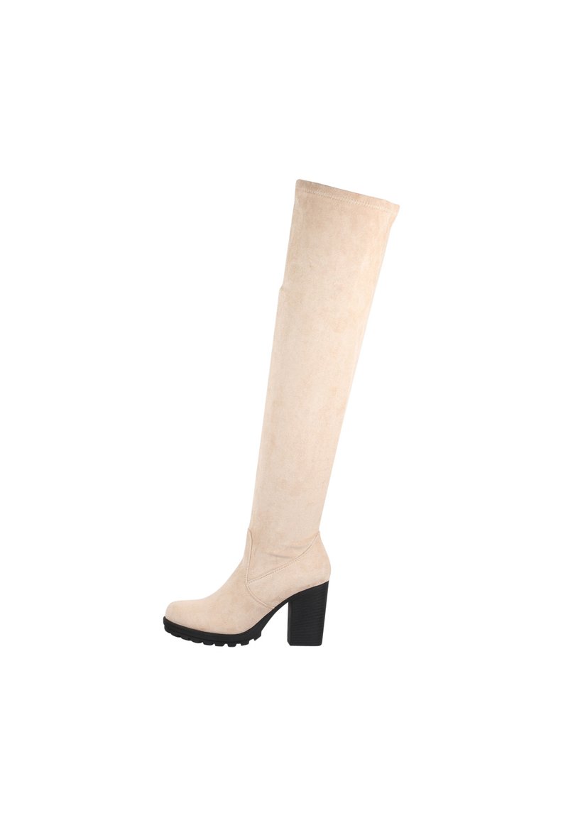 Beige laarzen tot boven de knie van suede, met een blokhak, een rubberen zool en een slank ontwerp met minimale stikdetails.