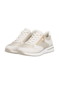Sneakers with a cream synthetic upper and a woven mesh accent, featuring golden zip hardware and a white sole with a subtle grey stripe.